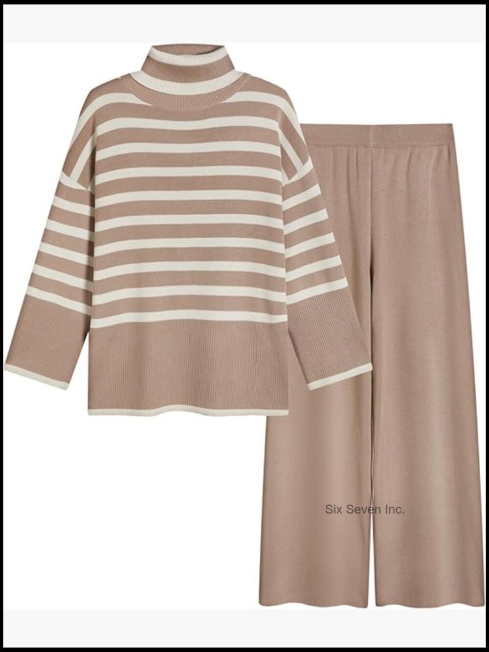 Striped Knit Sweater & Wide Leg Pants Set, Long Sleeve, High Neck, Lounge Set